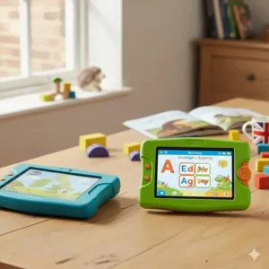 A split-screen showing the LeapFrog Academy interface and the VTech Learning Lodge library featuring UK educational games.