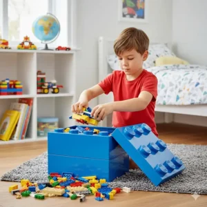 A large blue LEGO-shaped storage brick used to organise a 7 year old's bedroom.