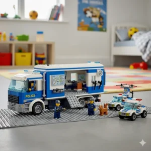 A LEGO City police command centre lorry with mini-figures, ideal for a 7 year old boy's birthday gift.