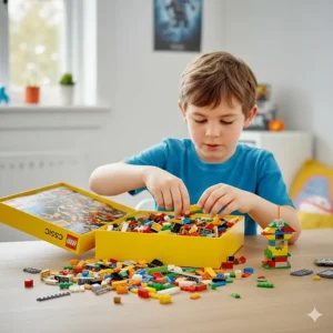 An open box of assorted LEGO classic bricks in various colours for open-ended creative play.
