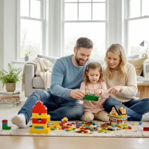 A British mother and father sitting on a light-coloured living room rug, helping their young daughter transition from large Lego Duplo bricks to building a small house with Lego Classic pieces. lego duplo vs lego classic transition