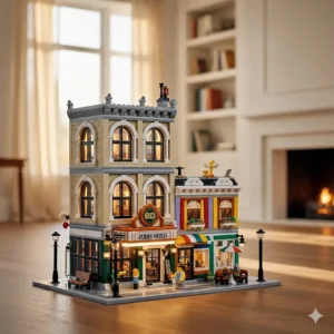 Alt text for image 8: A detailed Lego Icons Jazz Club modular building with illuminated windows, showcased in a warmly lit British home setting.