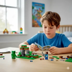 LEGO Minecraft building blocks featuring a creeper and Steve mini-figure, suitable for boys aged 7 plus.