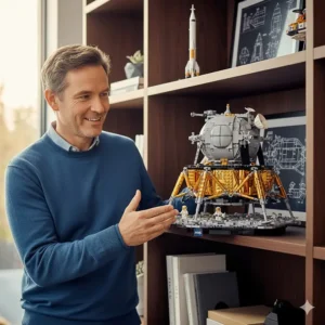 Alt text for image 7: A smiling adult male proudly displaying a completed Lego NASA Apollo 11 Lunar Lander model on a dark wood bookshelf.