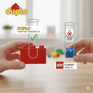 A safety comparison showing the larger, swallow-proof size of a Lego Duplo brick next to the smaller elements of a Lego Classic set.