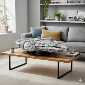 Alt text for image 6: The large-scale Lego Star Wars Ultimate Collector Series Millennium Falcon positioned as a centrepiece on a contemporary coffee table.