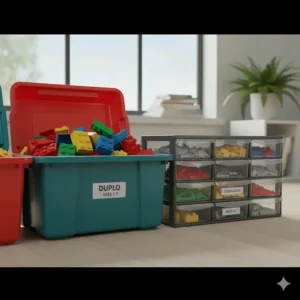 A tidy British playroom featuring organised storage bins that separate large Duplo elements from smaller Lego Classic pieces to keep play areas safe.