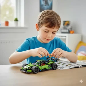 A small LEGO Technic racing car with moving parts, designed for children transitioning to more complex builds.