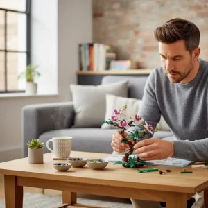 Alt text for image 4: A British man enjoying a mindful hobby, assembling a Lego Botanical Collection orchid set in a sunlit modern lounge.