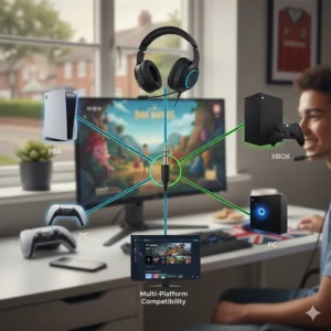A diagram showing a budget gaming headset with multi-platform compatibility connecting to a PS5, Xbox Series X, and PC.