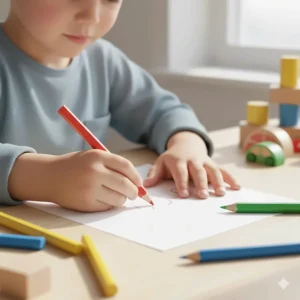 Close-up of a child’s hands using thick-grip colouring pencils from an art set for a 4 year old to help develop fine motor skills.