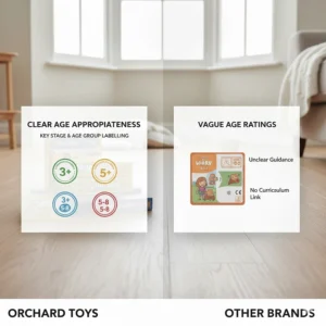 A graphic showing the clear Key Stage and age-group labelling on Orchard Toys boxes compared to vague age ratings on other brands.