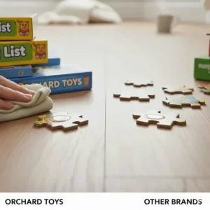 Close-up of durable, wipe-clean Orchard Toys pieces compared to thinner, paper-based alternatives from other brands.
