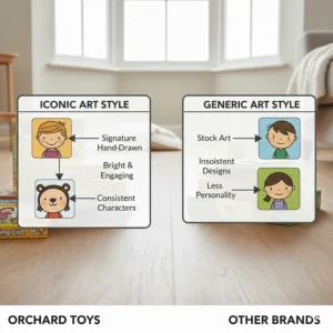 A side-by-side of the signature hand-drawn Orchard Toys characters against generic, stock-image style designs.