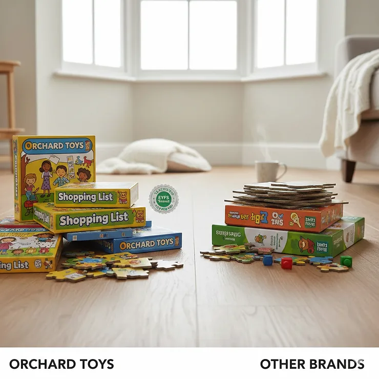 A side-by-side comparison of Orchard Toys Shopping List game and a generic board game, showing the distinctive bright illustrations and thick cardboard pieces. orchard toys vs other brands