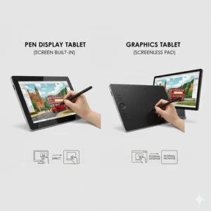 Alt text for image 4: Illustration showing the difference between a pen display with a built-in screen and a budget-friendly graphics tablet.