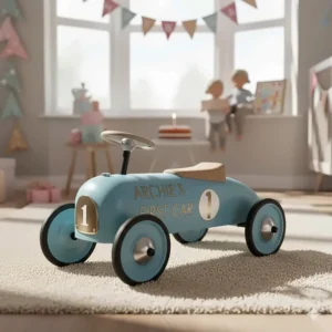 A personalised blue ride-on car, a popular first birthday gift idea in the UK.