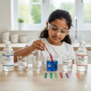 A colourful illustration of a pH indicator experiment using litmus paper and safe household liquids.