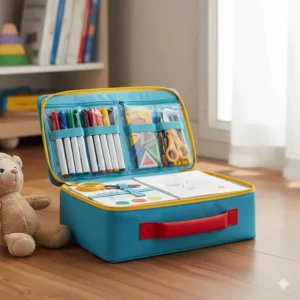 A durable wooden carry case designed as a portable art set for a 4 year old, shown closed with a sturdy handle for easy transport.