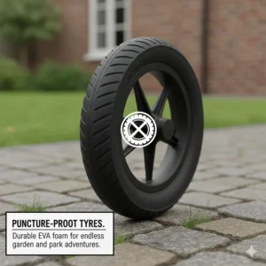 Close-up of EVA foam puncture-proof tyres suitable for British pavements and garden play.