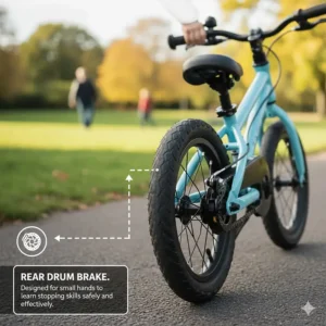 Detail of a rear drum brake designed for small hands to learn stopping skills early.