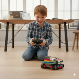 A handheld remote control being used to steer a custom-built robot across a wooden floor in a living room.