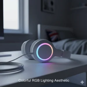 A white gaming headset on a desk featuring colourful RGB LED lighting with a modern aesthetic.