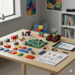 An overhead view of robot kit components including sensors, motors, and colourful building blocks for a 10 year old.