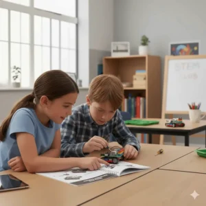 Two 10 year old friends collaborating on a robotics build during an after-school STEM club activity in the UK.