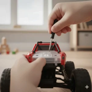 A child playing safely with a remote control car outdoors, accompanied by a golden retriever puppy.