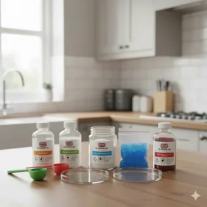 A close-up of safe, non-toxic chemical ingredients commonly found in chemistry sets for older children and young teens.