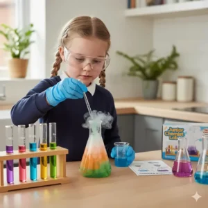 A young girl wearing safety goggles conducting a colourful chemistry experiment using a home science kit.