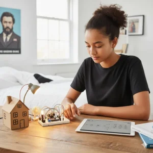 A creative illustration of a smart home sensor project built using a teen-friendly electronics learning kit.