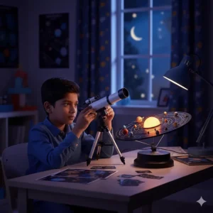 A young student using a beginner telescope alongside a glowing 3D model of the solar system.