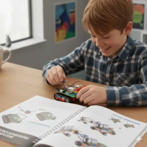 A young student smiling while successfully connecting a wire to a circuit board in a robotics project.