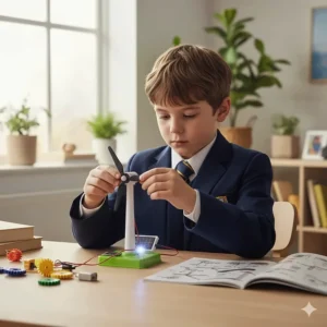 A miniature wind turbine kit designed for 7-year-olds to learn about green energy and physics.