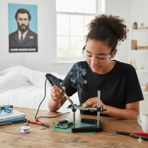 A British secondary school student using a soldering iron to assemble a DIY radio from an electronics kit.