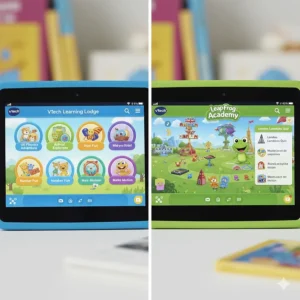 A young child using a tethered stylus to practice writing letters on a green LeapFrog tablet screen.