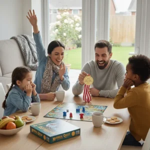 High-quality photography of a top-rated, award-winning family board game for ages 6 plus, featuring modern game pieces.