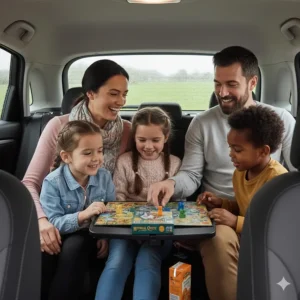 A compact, travel-friendly version of a popular board game being played by children during a long car journey.