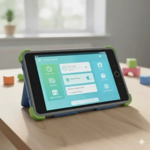 A VTech toddler tablet plugged into a UK three-pin wall socket with a focus on the battery life indicator.