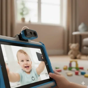 Screenshot comparison of the VTech and LeapFrog home screens, showing large icons and simple navigation for toddlers.