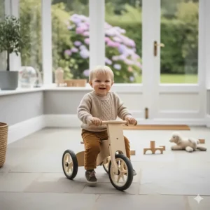 Traditional wooden ride-on trike for toddlers with a sturdy British design.
