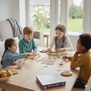 Children using letter tiles to create words in an educational literacy board game suitable for Key Stage 1 students.