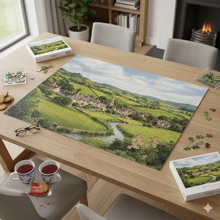 A large 2000 piece jigsaw puzzle of a British countryside landscape spread across a wooden dining table with a cup of tea. 2000 piece jigsaw puzzles