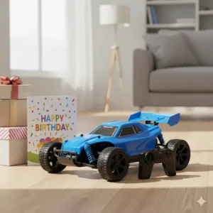 An affordable, durable remote control racing car in bright blue, suitable for a child's birthday gift.