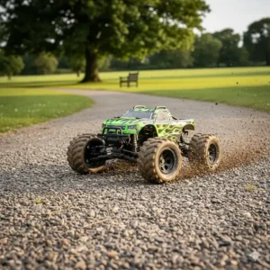 An all-terrain remote control car navigating a gravel path in a British park.