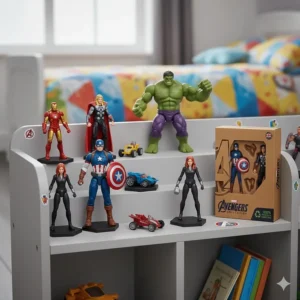 A collection of Avengers toys and various characters neatly arranged on a white bedroom shelf organiser, showcasing the set as a display piece.