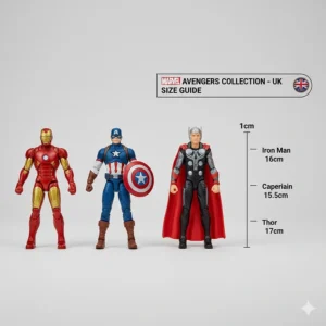 A technical size guide showing the Avengers action figures' heights in centimetres, including Iron Man at 16cm and Thor at 17cm.