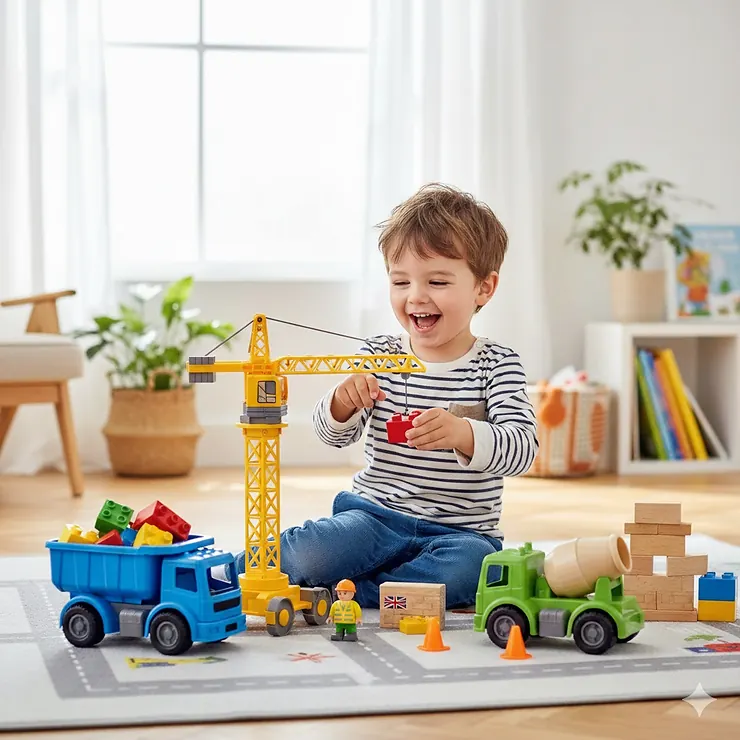 A young boy playing with a variety of colourful construction toys, including a toy crane and building blocks, on a play mat. construction toys for 3 year old boy